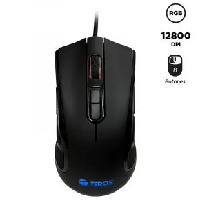 Mouse óptico gamer TEROS TE-5167N, 8 botones, 12800 DPI, RGB, negro