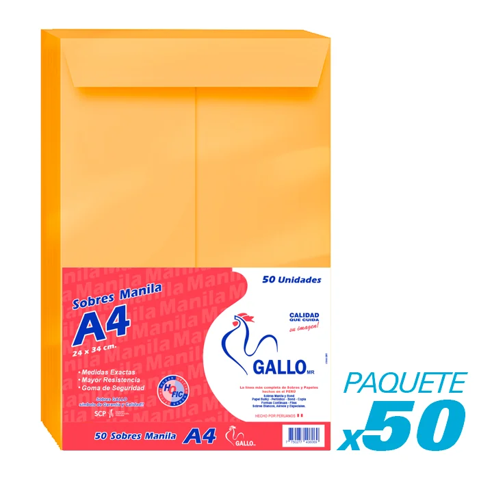 Sobre Manila Gallo A4 Paquete X 50 Und
